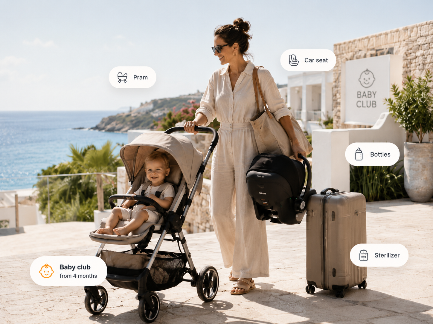 Parent and toddler arriving at a baby friendly hotel with childcare